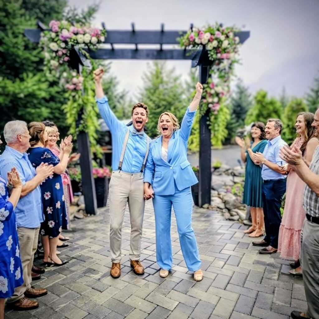 The Bride and the Groom were so happy infront of the crowd
